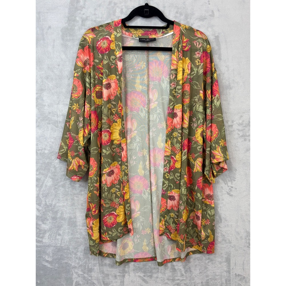 Lane Bryant Womens Kimono 18/20 Green Floral Mesh Open Front Wrap Cardigan